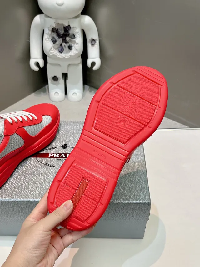 Prada Red Gray Leather Upper Mesh Overlays Lifestyle Sneakers 9
