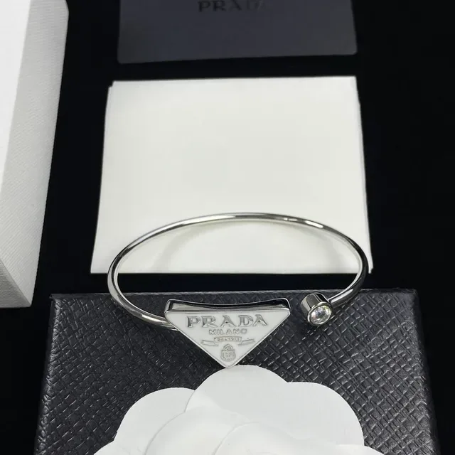 Prada Triangle Logo Bangle Gold Silver Rigid Triangular Plaque Bracelet 4