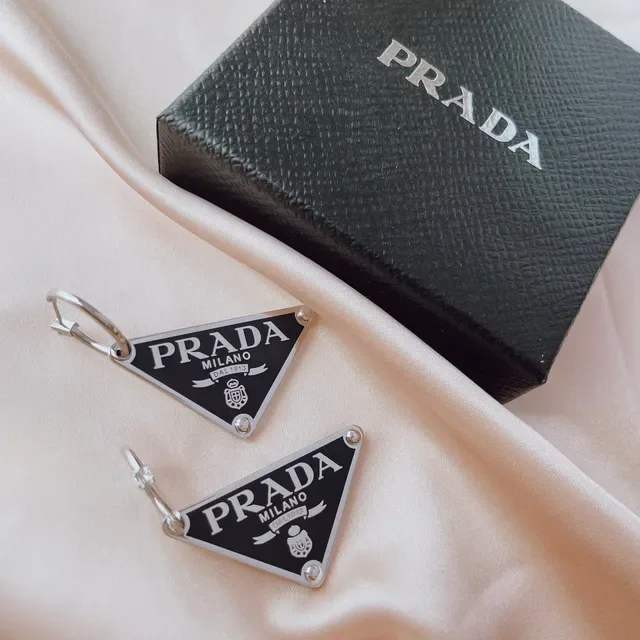 Prada Triangle Logo Black Enamel Silver-Tone Earring 2