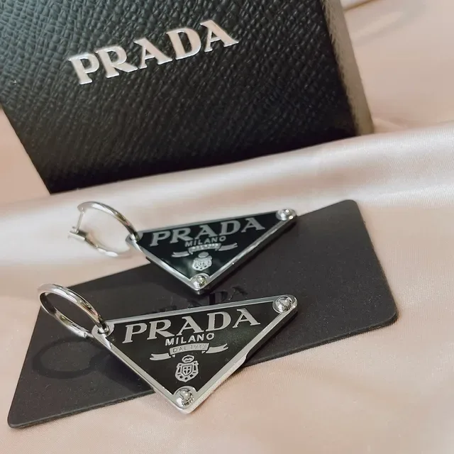 Prada Triangle Logo Black Enamel Silver-Tone Earring 3