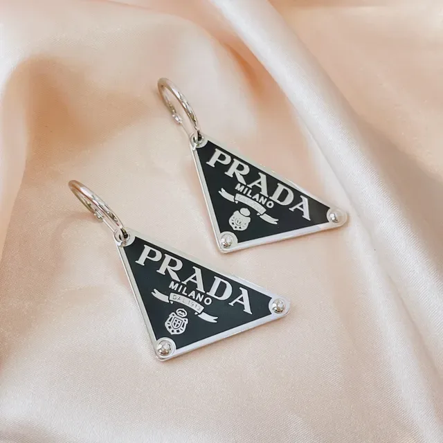 Prada Triangle Logo Black Enamel Silver-Tone Earring 6