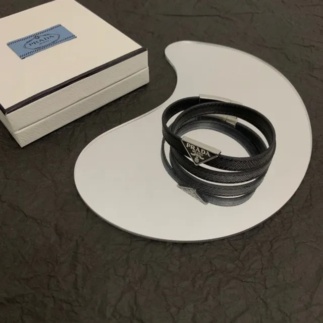 Prada Triangle Logo Double-Wrap Black Leather Bracelet 5