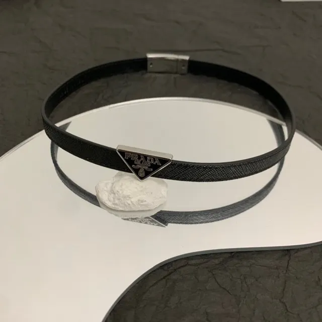 Prada Triangle Logo Double-Wrap Black Leather Bracelet 6