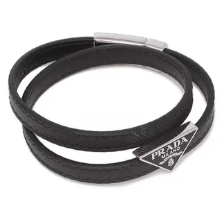 Prada Triangle Logo Double-Wrap Black Leather Bracelet 9
