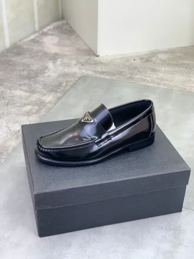 Prada Triangle Logo Loafer Black Silver Glossy Patent Leather Metal Loafer 4