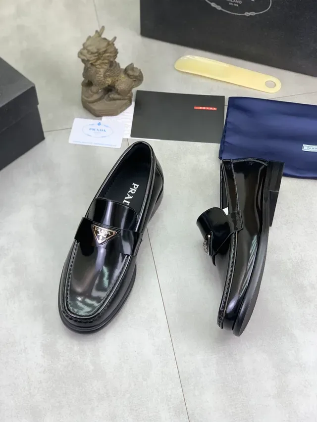 Prada Triangle Logo Loafer Black Silver Glossy Patent Leather Metal Loafer 5