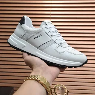 Prada Blanc et Noir Cuir-Mesh Híbrido Haut Tab Talon Acentué Lifestyle Sneakers