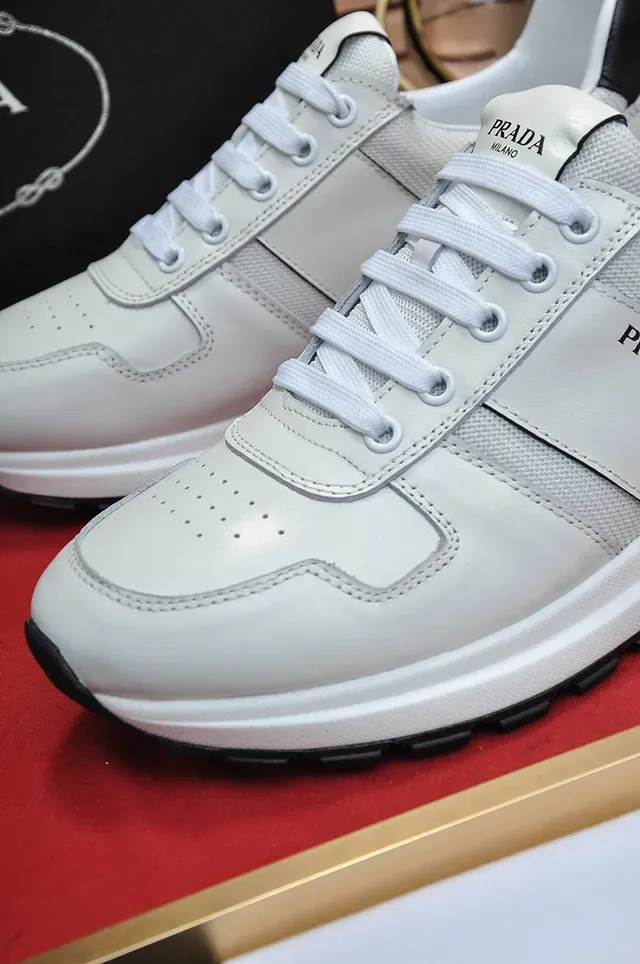 Prada White Black Leather-Mesh Hybrid Upper Accent Heel Tab Lifestyle Sneakers 3