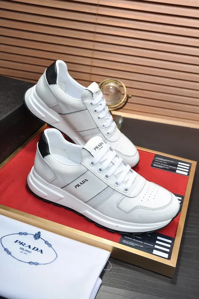 Prada White Black Leather-Mesh Hybrid Upper Accent Heel Tab Lifestyle Sneakers 5