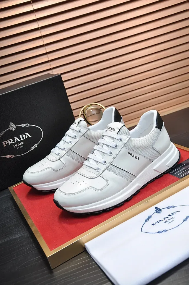 Prada White Black Leather-Mesh Hybrid Upper Accent Heel Tab Lifestyle Sneakers 7