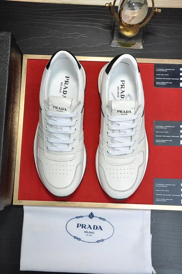 Prada White Black Leather-Mesh Hybrid Upper Accent Heel Tab Lifestyle Sneakers 9