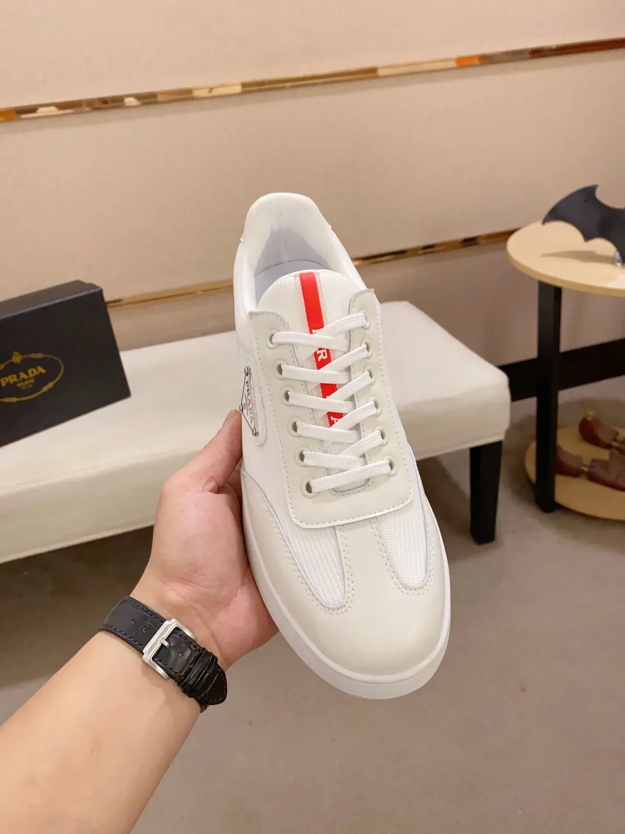Prada White Red Low-Top Textile-and-Leather Upper Lifestyle Sneakers 3