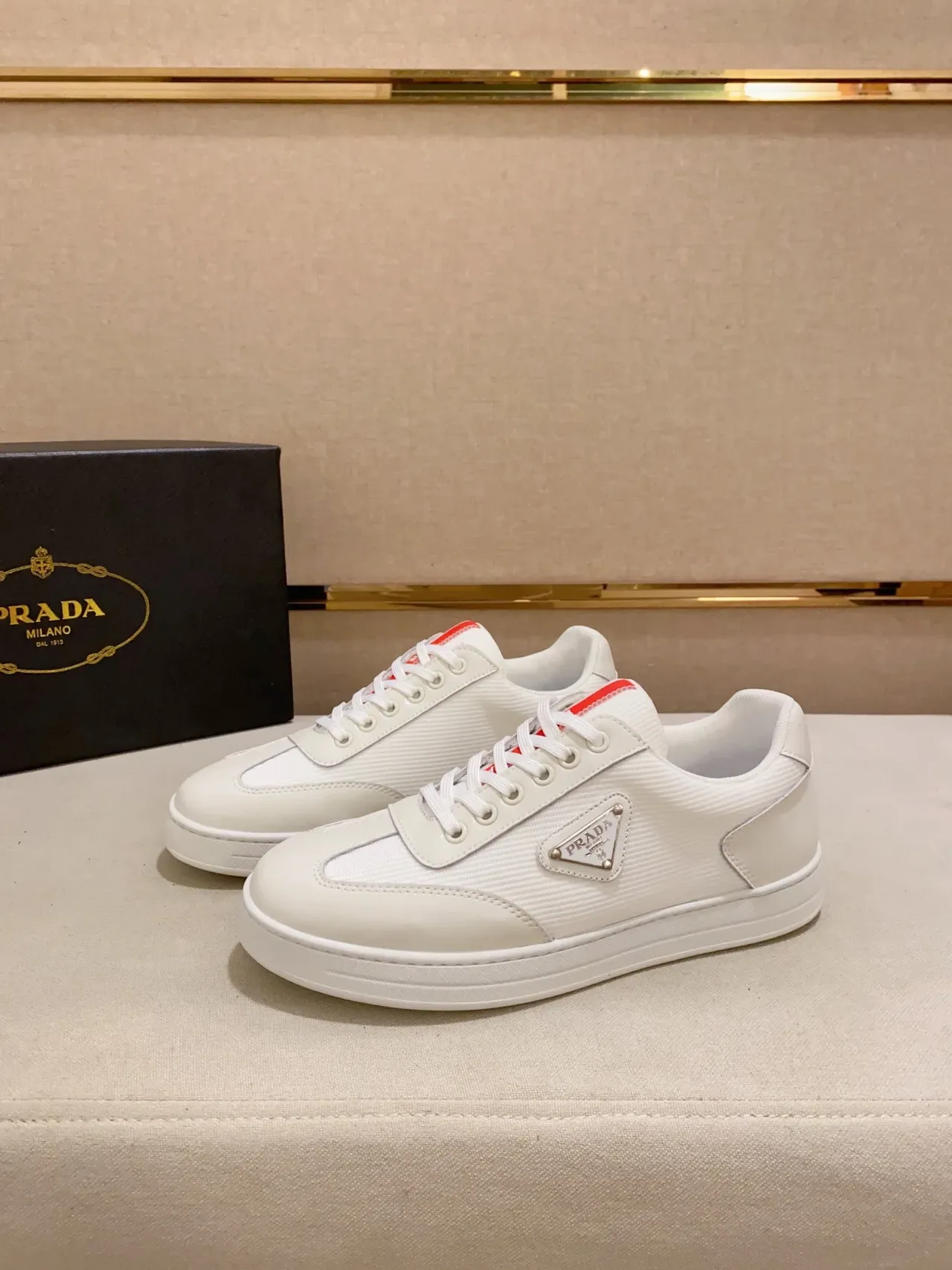 Prada White Red Low-Top Textile-and-Leather Upper Lifestyle Sneakers 4