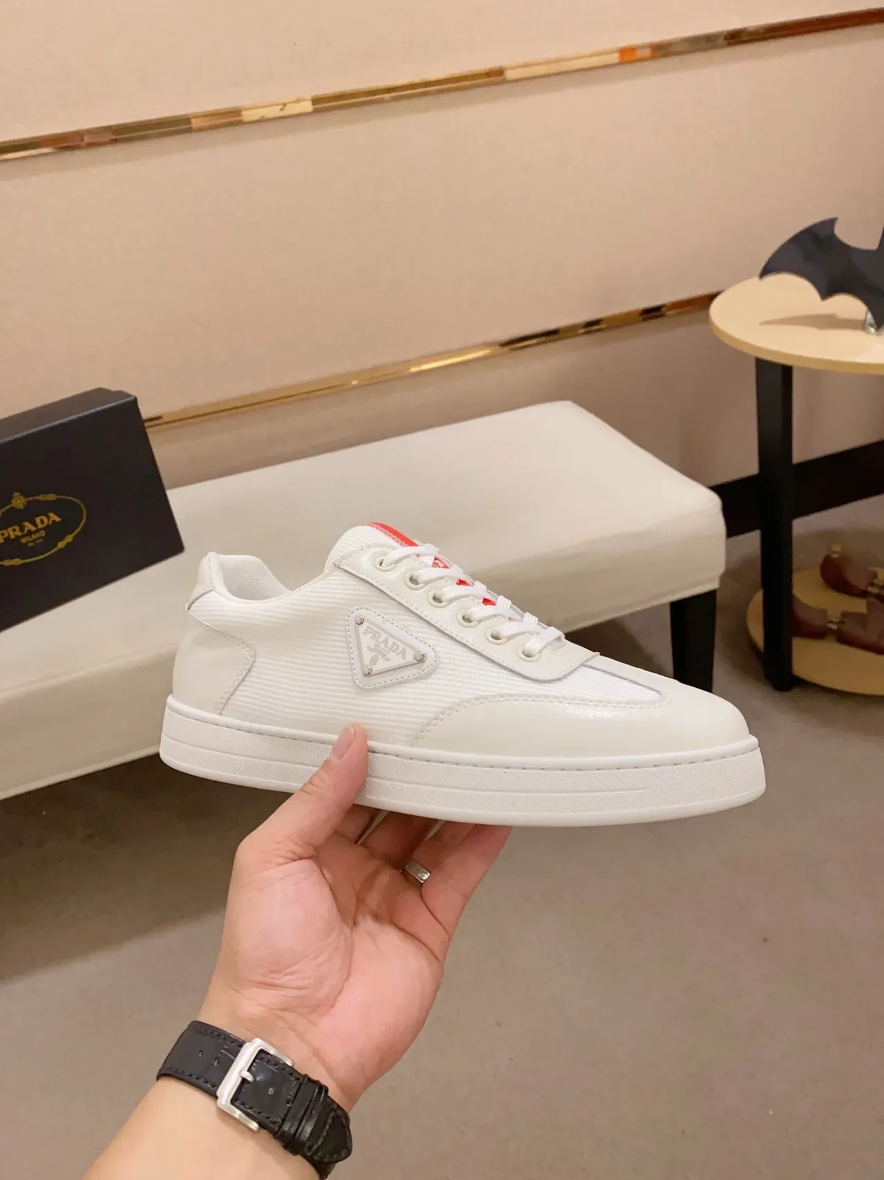 Prada White Red Low-Top Textile-and-Leather Upper Lifestyle Sneakers 5