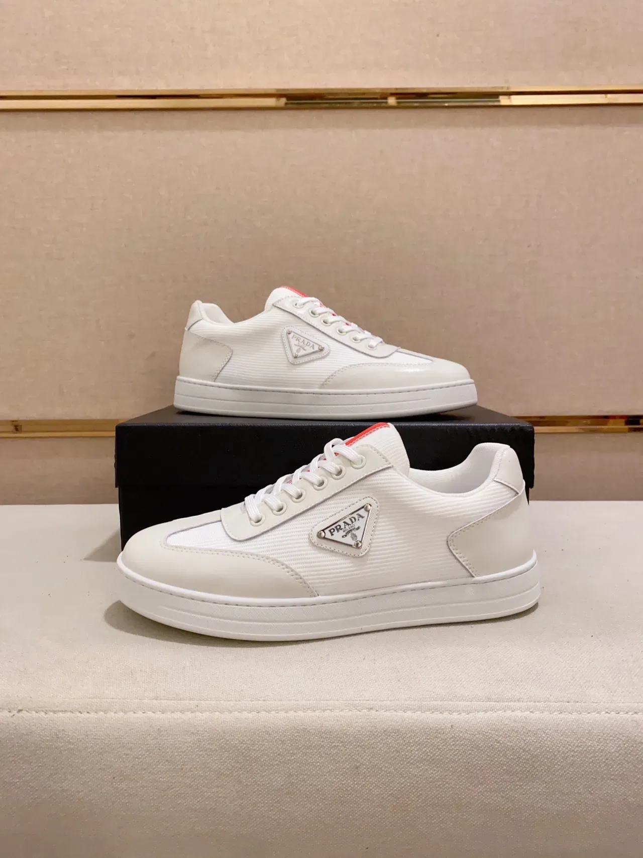 Prada White Red Low-Top Textile-and-Leather Upper Lifestyle Sneakers 6
