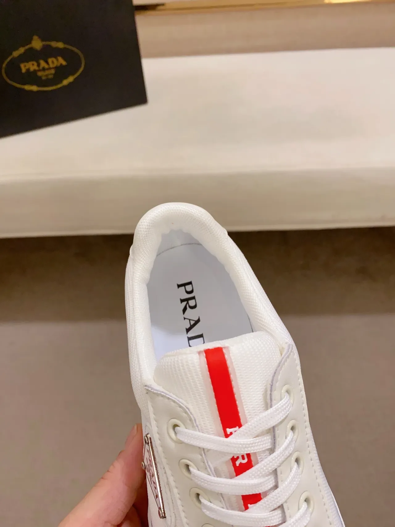 Prada White Red Low-Top Textile-and-Leather Upper Lifestyle Sneakers 7