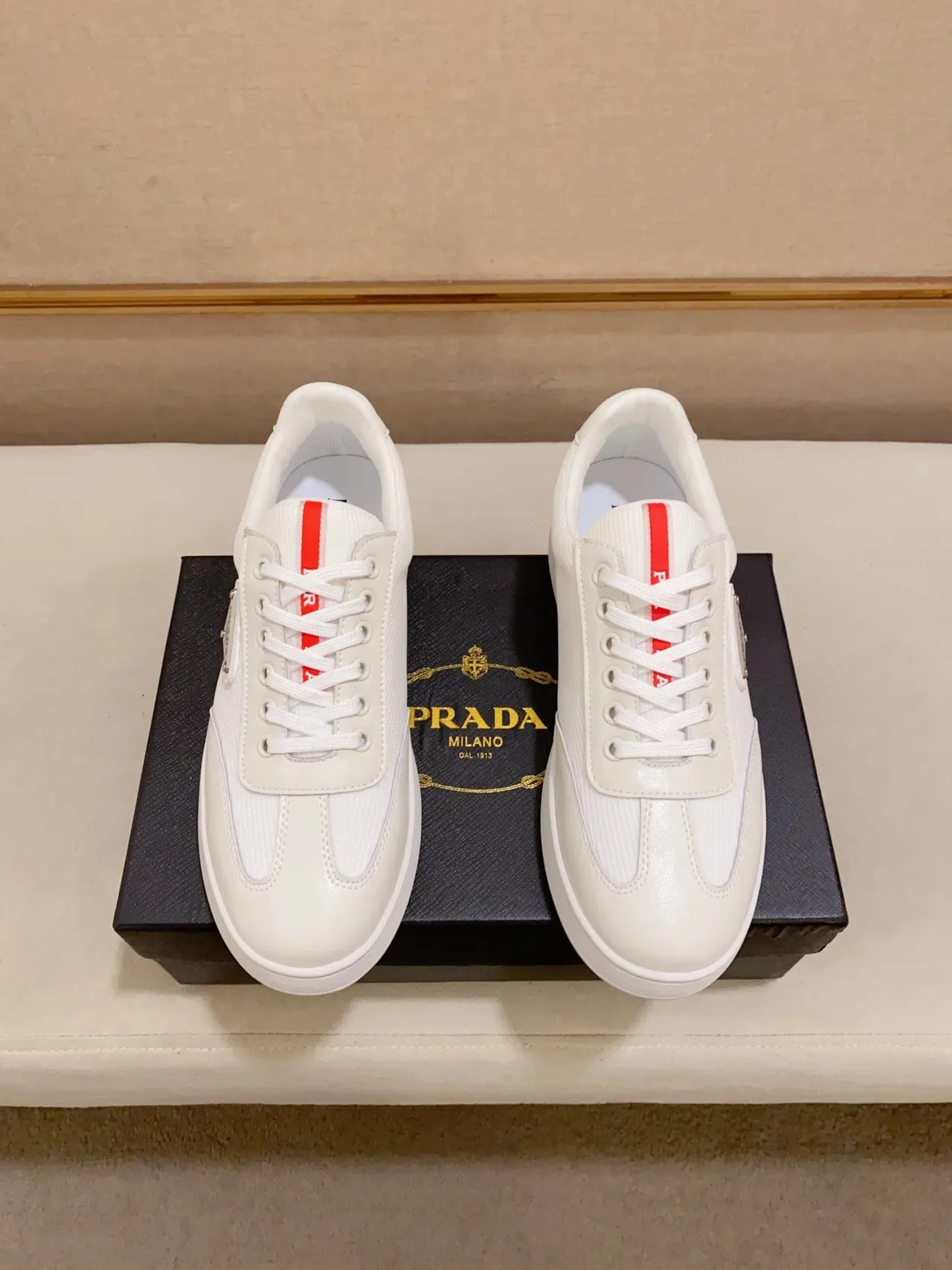 Prada White Red Low-Top Textile-and-Leather Upper Lifestyle Sneakers 8