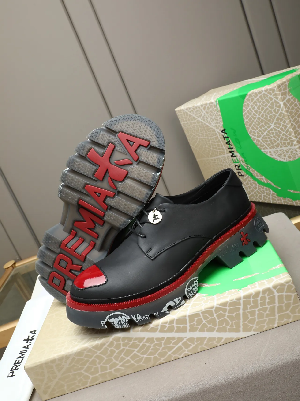 Premiata Black Red Leather Toe Cap Oxford Shoes 4