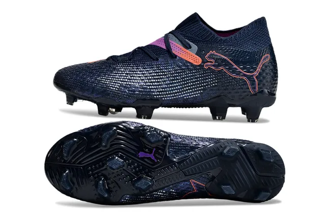 Puma Navy Roxo Sistema de Cadarços Assimétrico Colar Estilo Meia Integrado Sapatos de Futebol para Gramado Firme 6