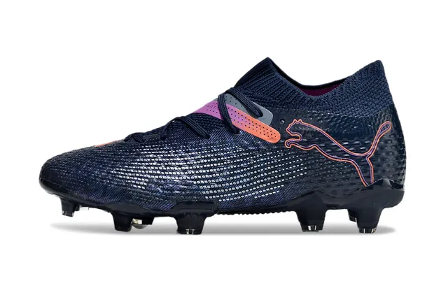 Puma Navy Roxo Sistema de Cadarços Assimétrico Colar Estilo Meia Integrado Sapatos de Futebol para Gramado Firme 7