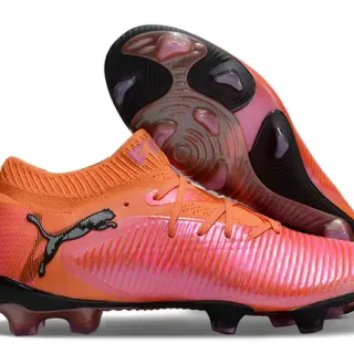 Puma नारंगी गुलाबी सॉक-फिट निट कॉलर रिज्ड सिंथेटिक फोरफुट फर्म-ग्राउंड फुटबॉल जूते
