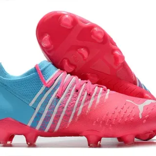 Puma Pink Blue Low-Cut Knit Upper Dynamic Formstrip Bands Firm-Ground Soccer Shoes