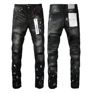 Purple Brand Distressed Black Paint-Splatter Slim Fit Jeans