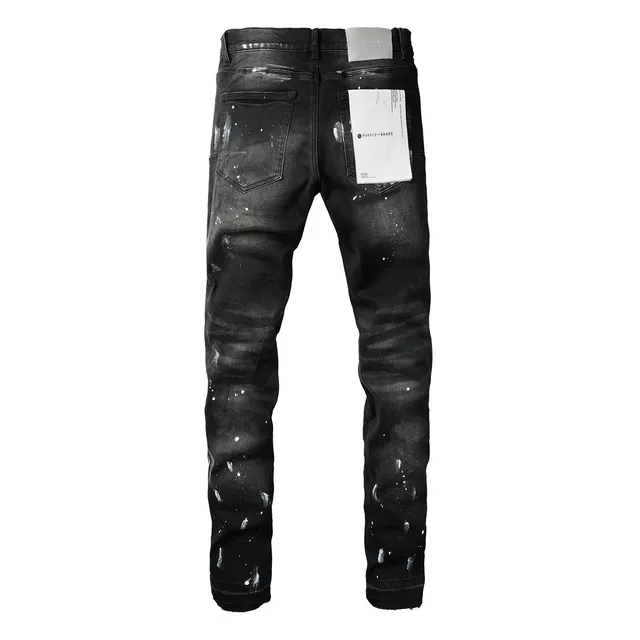 Purple Brand Distressed Black Paint-Splatter Slim Fit Jeans 14