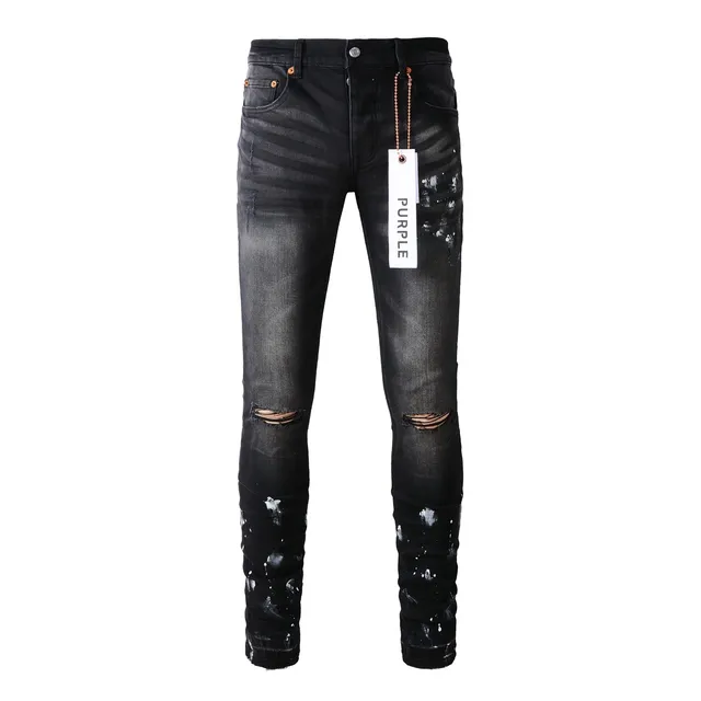 Purple Brand Distressed Black Paint-Splatter Slim Fit Jeans 17