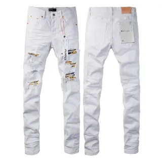 Purple Brand Distressed Slim-Fit White Yellow Jeans