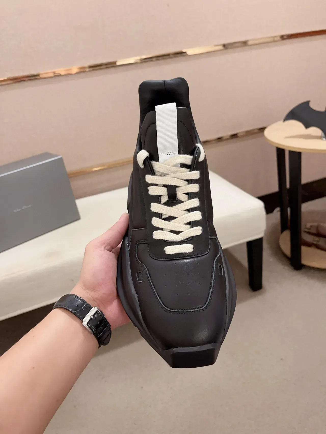 Rick Owens Black White Semelle Sculptée Tige Cuir Minimaliste Chaussures Chunky 2