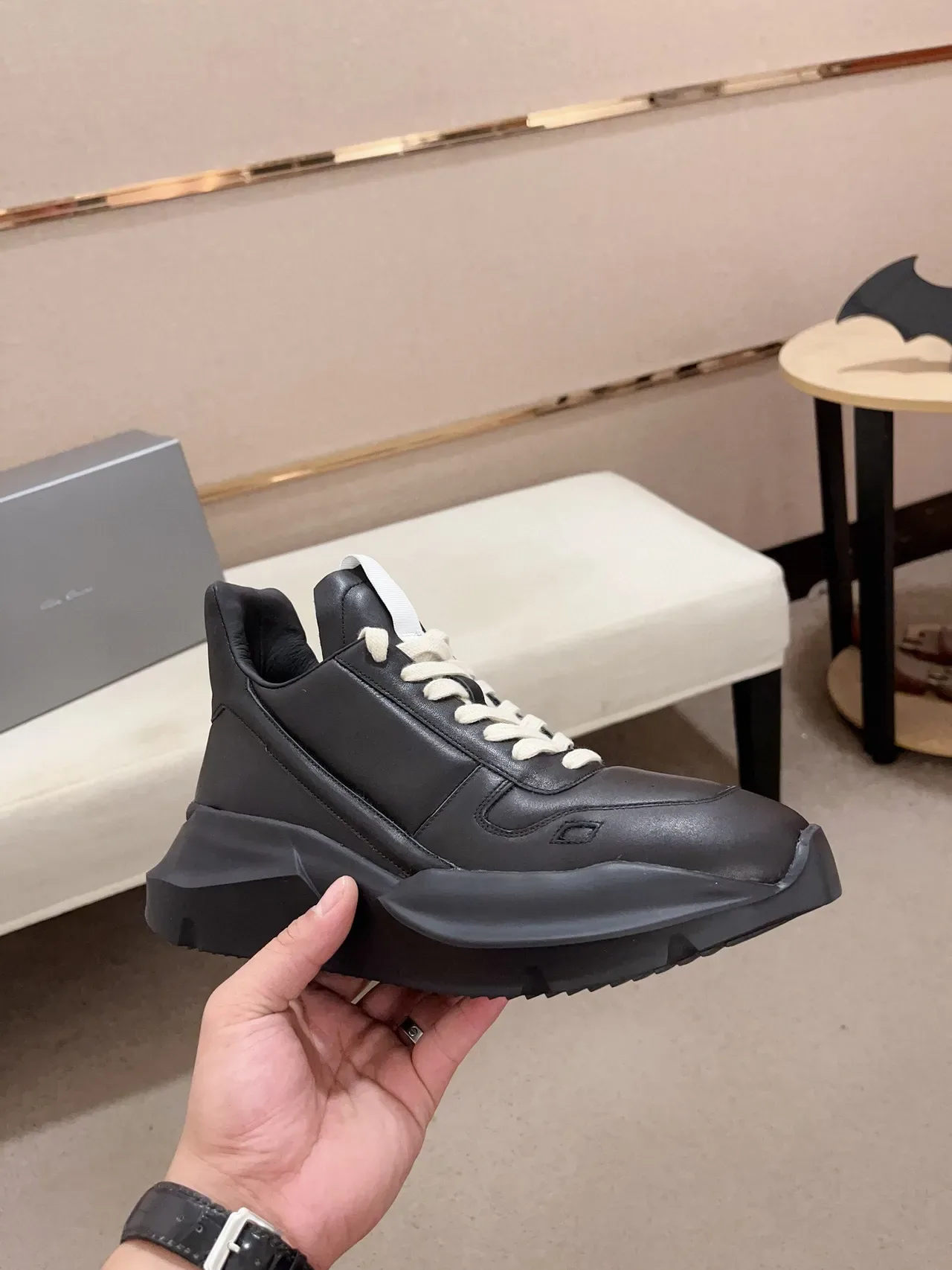 Rick Owens Black White Semelle Sculptée Tige Cuir Minimaliste Chaussures Chunky 4