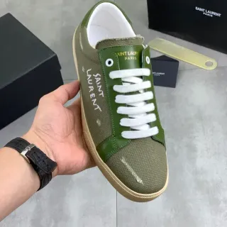 Saint Laurent Army Green White Canvas And Leather Panel Construction Handwritten-Style Branding Lifestyle Sneakers