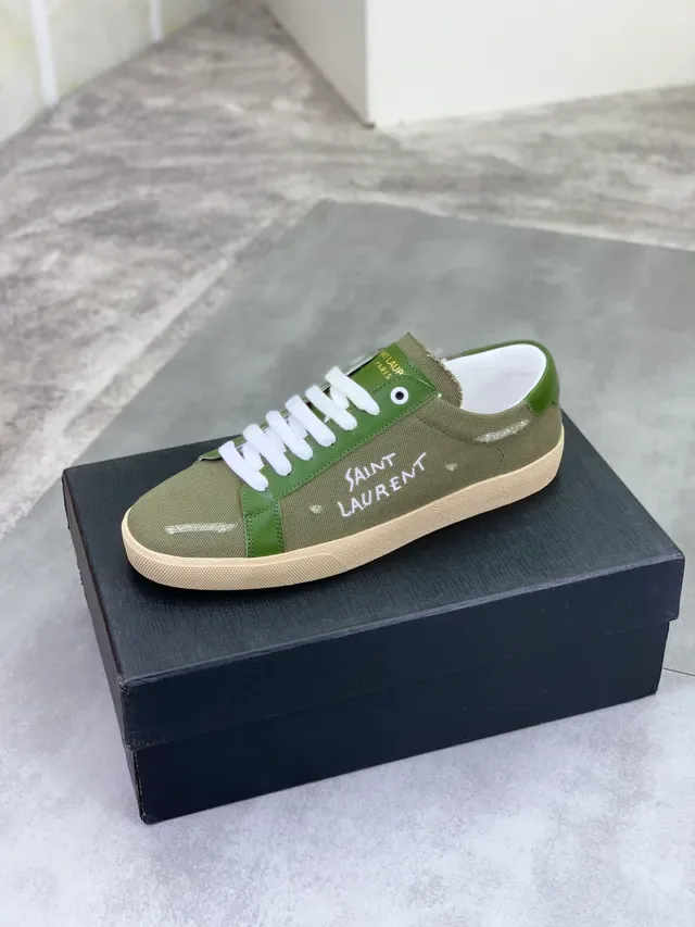 Saint Laurent Army Green White Canvas And Leather Panel Construction Handwritten-Style Branding Lifestyle Sneakers 4