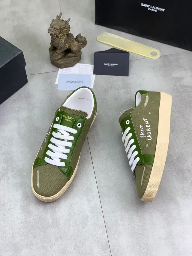 Saint Laurent Army Green White Canvas And Leather Panel Construction Handwritten-Style Branding Lifestyle Sneakers 5