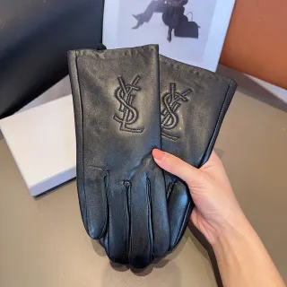 Saint Laurent Black Embossed Monogram Smooth Leather Gloves