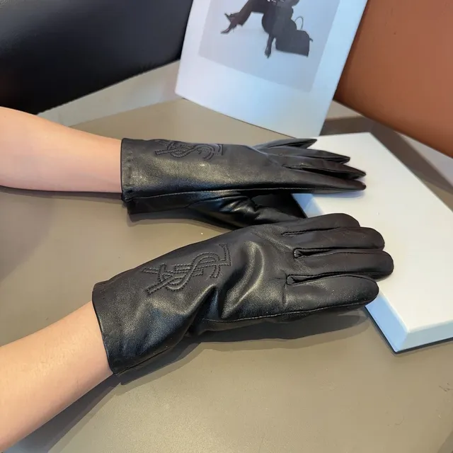 Saint Laurent Black Embossed Monogram Smooth Leather Gloves 2