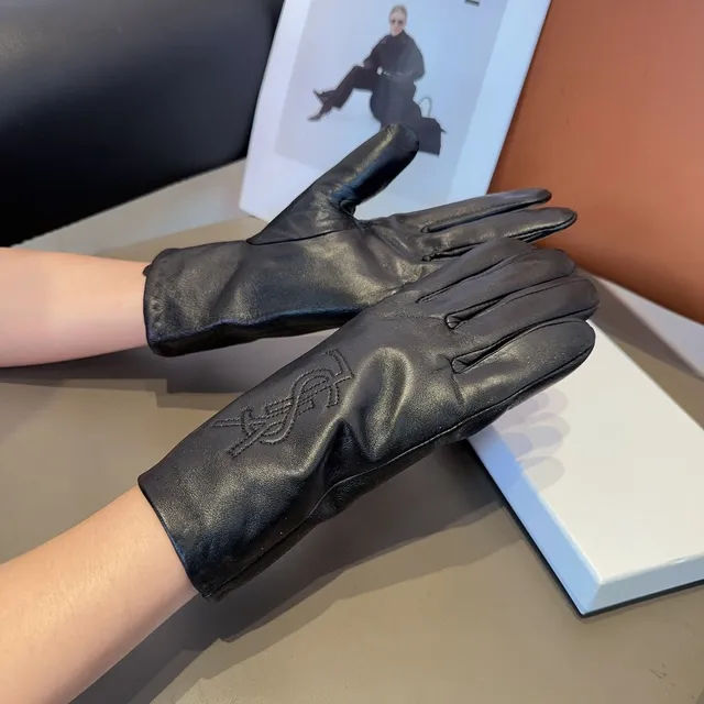 Saint Laurent Black Embossed Monogram Smooth Leather Gloves 4