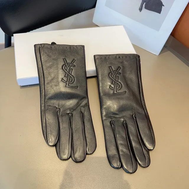 Saint Laurent Black Embossed Monogram Smooth Leather Gloves 6