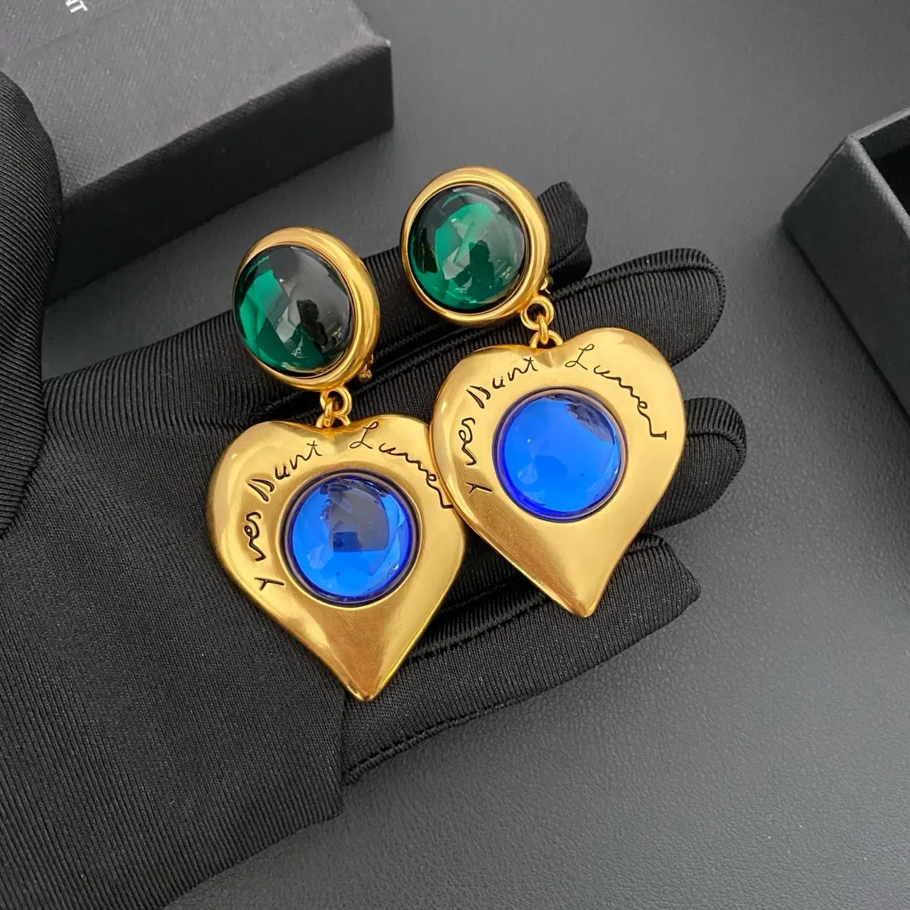 Saint Laurent Cœur Brincos Dourado Azul Metal Forma Coração 5