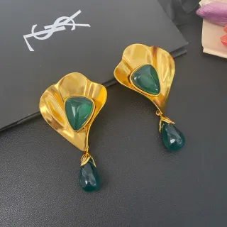 Saint Laurent Gold-Tone Green Stone Sculptural Drop Earrings
