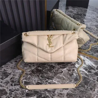 Saint Laurent Loulou Beige Gold Quilted Diamond Stitching Envelope Flap Chain Bag