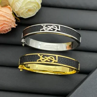 سان لوران Monogram Bangle أسود ذهبي Plaque Textured Band Bracelet