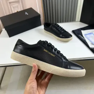 Saint Laurent Niki Black Beige Perforated Leather Upper Gold Logo Branding Lifestyle Sneakers