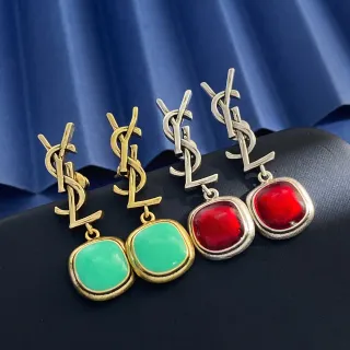Saint Laurent YSL Logo 金色 绿色 印花 垂坠摇晃耳环