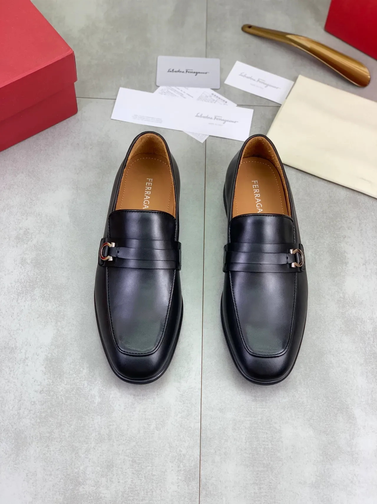Salvatore Ferragamo Gancini Loafer Black Leather Square-Toe Loafers 4