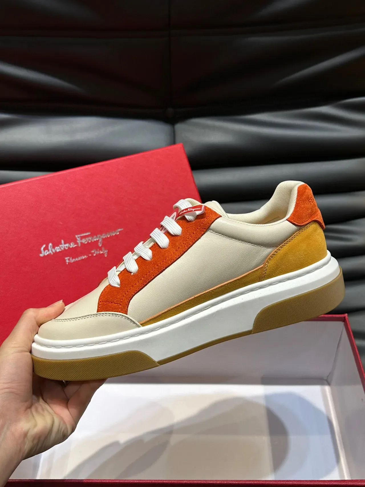Salvatore Ferragamo Low-Top Leather-Suede Panel Sneakers 6