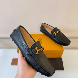 Tod's Gommino Loafer Black Pebbled Leather Gold H-Bar Loafers