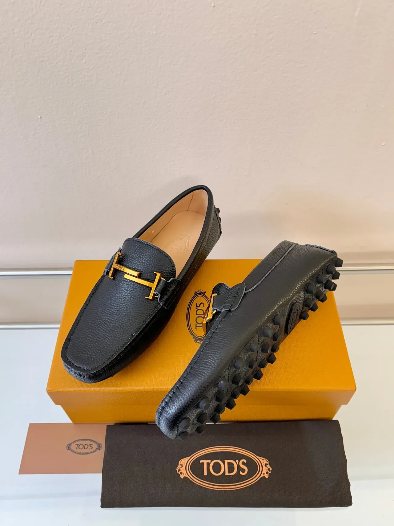 Tod's Gommino Loafer Black Pebbled Leather Gold H-Bar Loafers 2