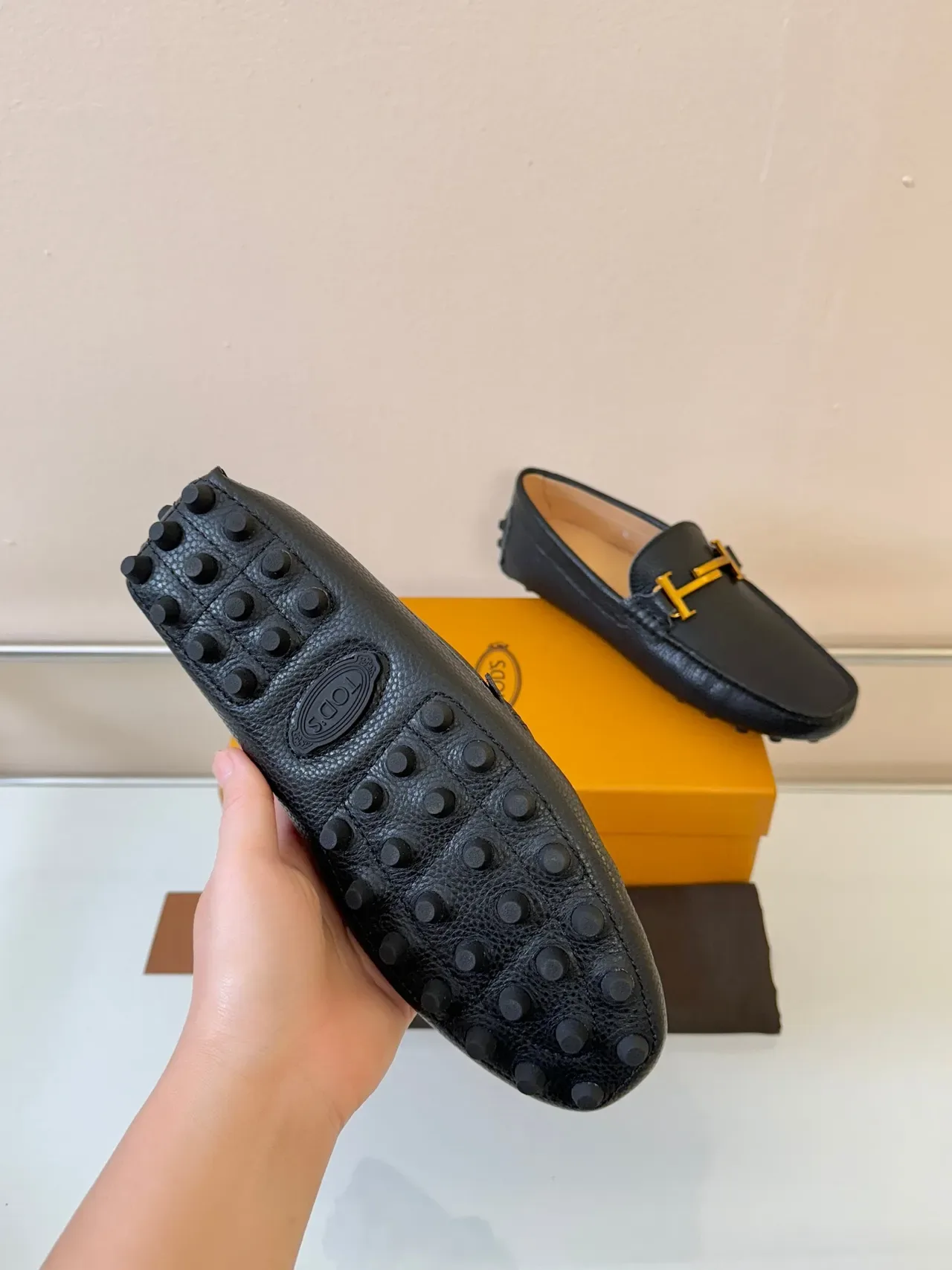 Tod's Gommino Loafer Black Pebbled Leather Gold H-Bar Loafers 5